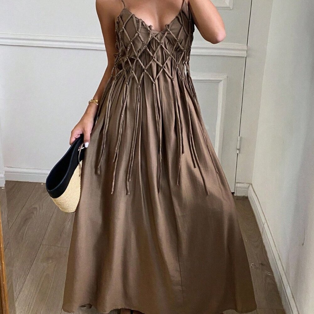 Brown Casual A-Line Women's Cami Maxi Dress with Drawstring Tassel - Picture 5 of 6